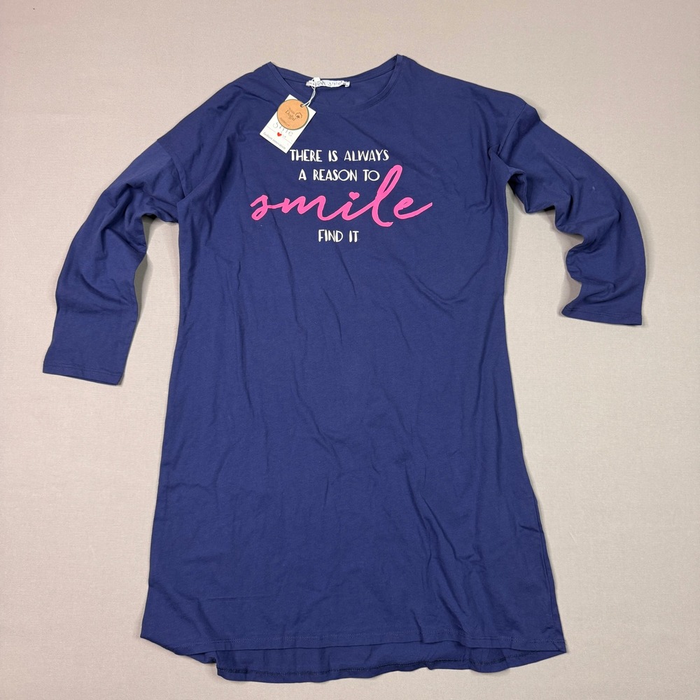 Benin Style Navy Blue Cotton Nightgown Long Sleeve Smile Graphic Sleeper Dress